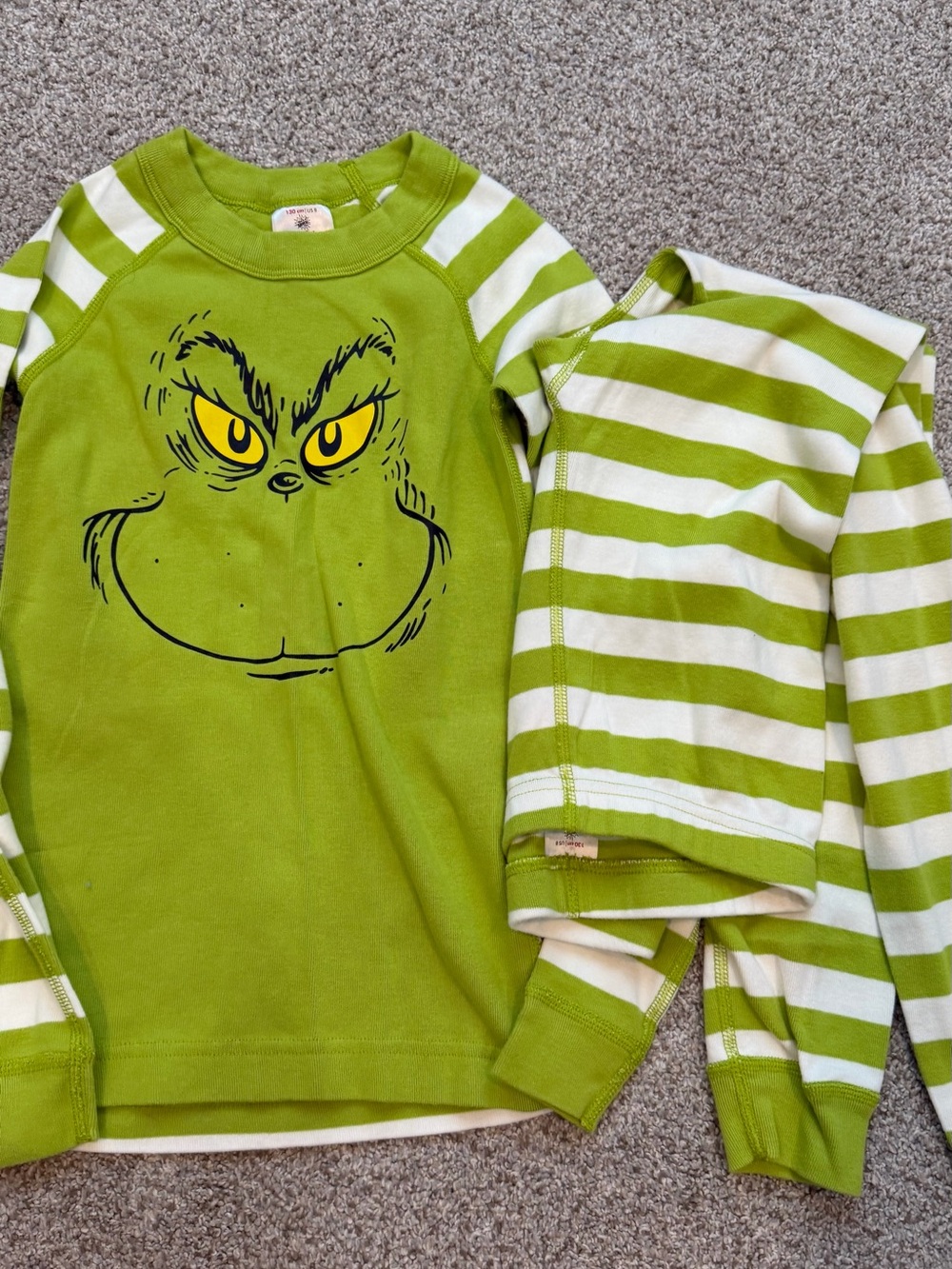 Hanna Andersson Lime Green Grinch Face Pajama Set with Striped Pants sz 8